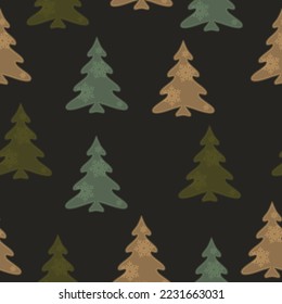 Colorful christmas trees seamless pattern background  Doodles. Seamless colorful winter pattern on black background. Vector illustration.