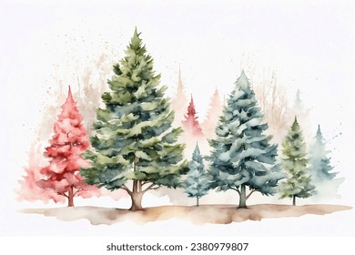 Colorful Christmas trees watercolor illustration. Banner, card decoration 