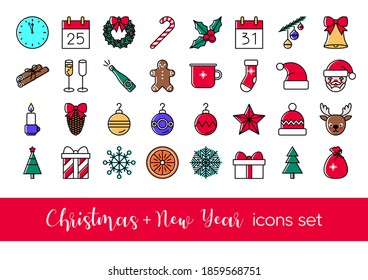 Farbige Weihnachtsvektorsymbole. Cute Icons für Weihnachten und Neujahr mit Weihnachten, Socken, Hut, Baum, Heiligem Kranz, Geschenkbox, Schneeflocken, Stern etc. Trendy Icons im Cartoon-Stil für Winterferien.