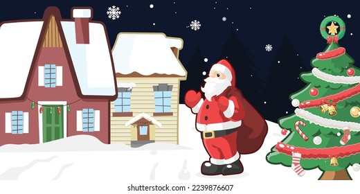Colorful Christmas vector illustration of Santa visiting a house at night with presents, a Christmas tree, and snow.