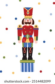 Colorful Christmas vector interior poster with Nutcracker.  Cute illustration.