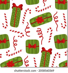 Colorful christmas vector pattern with candy cane and beautiful gifts. Carton holiday elements.