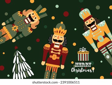 Colorful Christmas vector poster with Nutcracker.  Cute illustration.