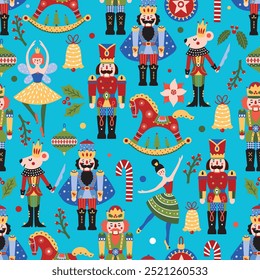 Colorful Christmas vector seamless Nutcracker pattern. Can be used for wallpaper, pattern fills, web page background, surface textures.