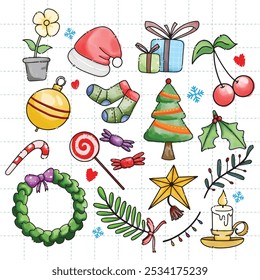 A colorful Christmas watercolor with various festive symbols such as Santa Claus, Christmas trees, 