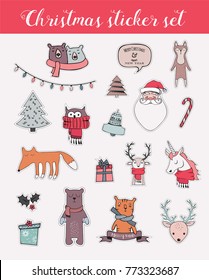 colorful christmas and winter sticker set. vector illustration