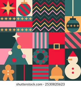 Colorful Christmas Wrapping Paper with Geometric Holiday Icons and Patterns Vector Illustration