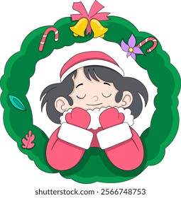 A colorful Christmas wreath adorned with candy canes, a bow, bells, and decorative accents, featuring a smiling girl in a Santa hat and cozy mittens at the center