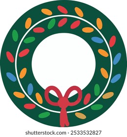 Colorful Christmas wreath with multicolored lights and a red bow. For holiday-themed designs, web icons, textile patterns.