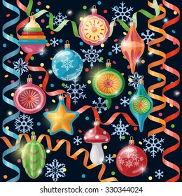 Colorful Christmassy balls, snowflakes, confetti and paper streamers sparkled on dark background. Design elements for Christmas and New Year holidays. Retro holiday decorations set.