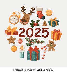 A colorful Christmas-themed design featuring a clock, reindeer and other holiday symbols. The illustration is in the shape of a circle with the numbers 2025 and includes various gifts and decorations.