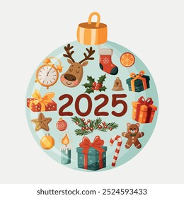 A colorful Christmas-themed design featuring a clock, deer and other holiday symbols. The illustration is in the shape of a Christmas tree ball with the numbers 2025 