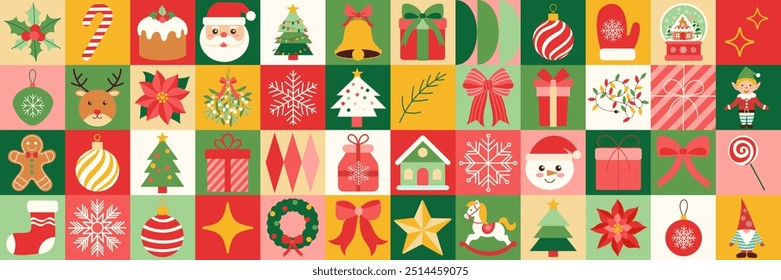 A colorful Christmas-themed image with various decorations such as a Santa Claus, Christmas tree, and gingerbread men