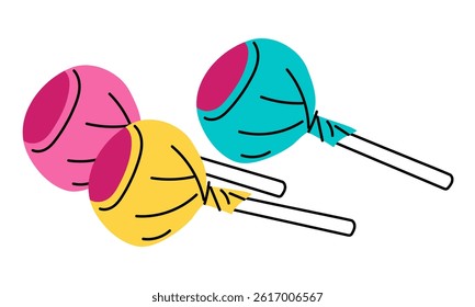 Colorful chupa chups, lollipop in a package. The flat color illustration shows a group of candies on sticks. Closed. Vector illustration. Bright yellow, pink, blue. Sweets of the 90s, 2000s. Retro