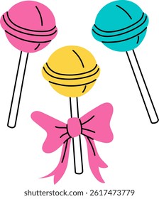 Colorful chupa-chups, lollipop without packaging with a bow. flat color illustration shows candies on sticks. Closed. Vector illustration. Bright yellow, pink, blue. Sweets of the 90s, 2000s. Retro