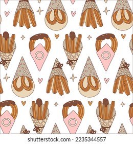 Colorful Churros Seamless pattern. Various types of tasty churros. Traditional spanish food. Fried dough. Tejeringos. Hand drawn contour vector illustration. Cartoon vintage design. Sweet and salty