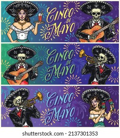 Colorful Cinco de Mayo banner set with mariachi musicians in charro outfits playing musical instruments, waitress with painted face carrying cocktail, girl in sombrero shaking maracas against firework