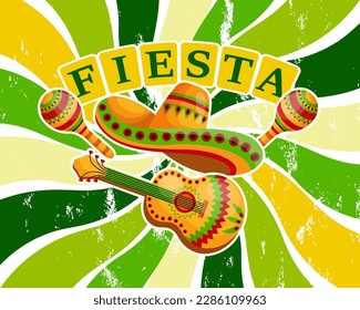 Colorful Cinco de Mayo banner with Mexico symbols,guitar, sombrero and maracas. Illustration, poster, vector