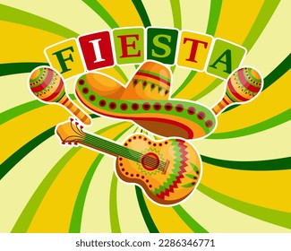 Colorful Cinco de Mayo banner with Mexico symbols,guitar, sombrero and maracas. Illustration, poster, vector