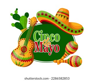 Colorful Cinco de Mayo banner with Mexico symbols, tacos, guitar, sombrero and maracas. Illustration, poster, vector