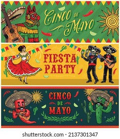 Colorful Cinco de Mayo banners set with inscription, pinata toys, sombrero, painted guitar, syn, mariachi skeleton musicians, dancing woman, chili pepper with mustache playing guitar, cartoon cactus