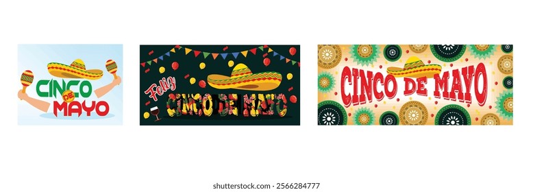 Colorful Cinco de Mayo Celebration. Balloons, Sombreros and Festive Decorations. Fiesta banner and poster design with Traditional Hat. Set flat vector modern illustration 