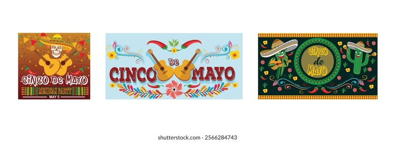 Colorful Cinco De Mayo. Guitars and Colorful Decorations. Cactus mustache cheerful sombrero playing guitar. Set flat vector modern illustration 