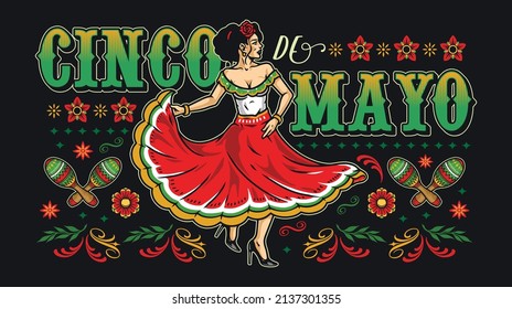 Colorful Cinco de Mayo horizontal vintage banner with dancing woman with rose in hair holding hem of dress on black background with decorative elements, vector illustration