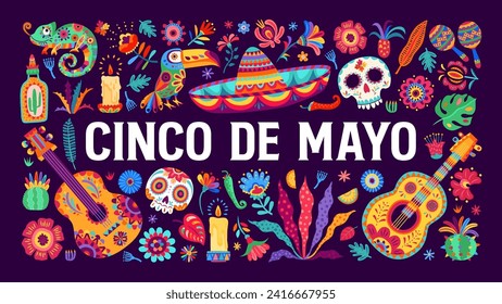 Colorful cinco de mayo mexican holiday banner with cartoon vector guitar, calavera skull, sombrero, toucan and chameleon, flowers and tequila. Greeting card for traditional celebratory event of mexico