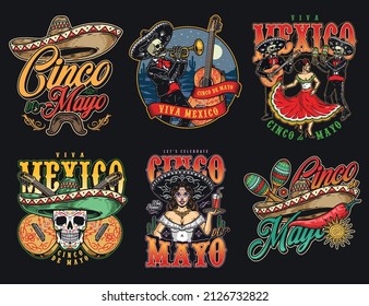 Colorful Cinco de Mayo musicians vintage emblems set with skeleton in charro outfit playing trumpet, woman dancing to mariachi music, waitress holding glass of beverage, pair of maracas and chili