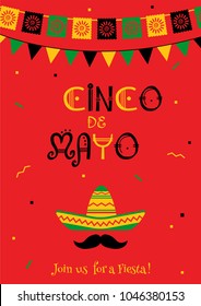 Colorida plantilla de póster del partido cinco de mayo. Dibujo vectorial rojo festivo con cultivo autóctono en el sombrero, bigote y banderas de garland para la celebración tradicional mexicana en cinco de mayo.