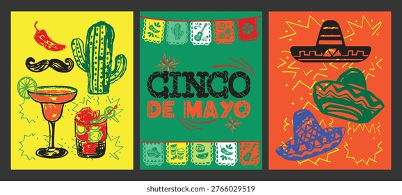 Colorful Cinco de Mayo poster set with festive Mexican elements including food, drinks, decorations, and cultural symbols. Bright and vibrant design perfect for party themes and holiday prints.