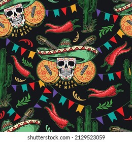 Colorful Cinco de Mayo seamless pattern with calavera skull in sombrero against crossed guitars, chili peppers, cactuses, twigs and flag garland, vector illustration