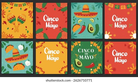 Colorful Cinco de Mayo Square Card Collection - 8 Festive Mexican Vector Designs 
