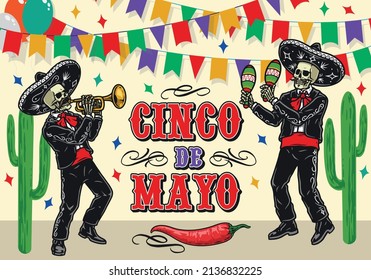 Colorful Cinco de Mayo vintage banner with skeleton musicians in sombrero playing trumpet and maracas against flag garlands, cactus and chili pepper symbols, vector illustration