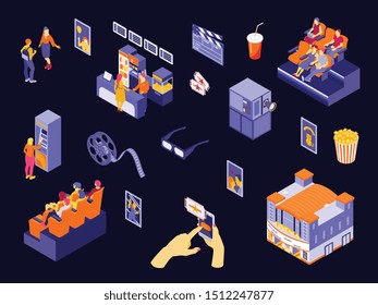 Colorful cinema elements and people in movie hall isometric icons set isolated on dark background 3d vector illustration 