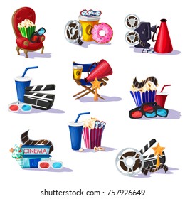 Colorful cinema elements set with chair snacks film reel soda movie camera 3D glasses clapperboard filmstrip award megaphone isolated vector illustration  