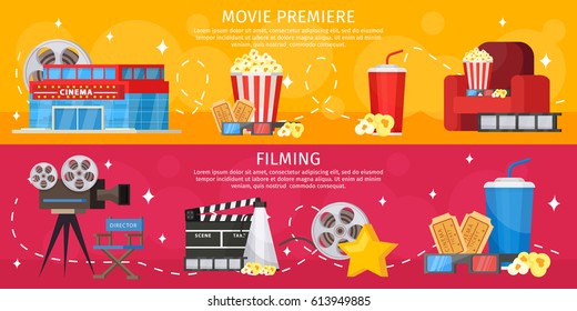 Colorful cinema horizontal banners with building popcorn soda glasses armchair camera megaphone tickets filmstrip director chair vector illustration