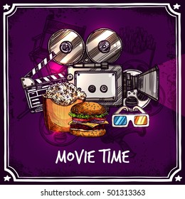 Colorful cinema template with camera reel snack clapperboard popcorn and 3d glasses in doodle style vector illustration