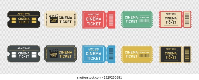 Colorful cinema ticket with barcode. Admit one coupon. Big set stylish tickets	
