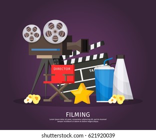 Colorful cinematography template with camera director chair megaphone clapboard soda star and popcorn isolated vector illustration