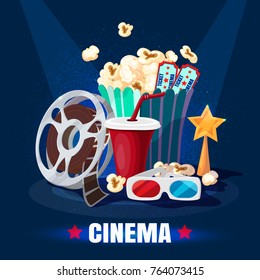 Colorful cinematography template with popcorn soda 3D glasses film reel tickets movie golden star award vector illustration