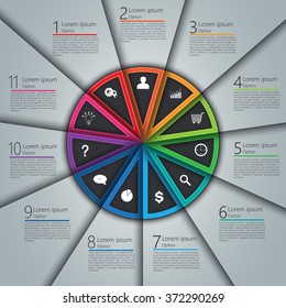 Colorful Circle with 11 Options on Gray Background. Financial and Business Infographic, Business Icon and Text Information Design. Vector Illustration.