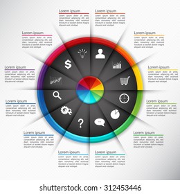 Colorful Circle with 12 Options on White Paper Texture Background. Financial and Business Infographic, Business Icon and Text Information Design. Vector Illustration.