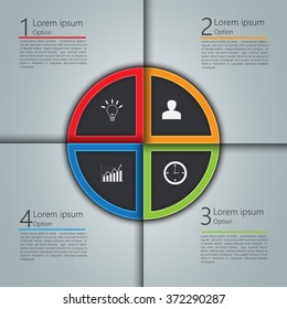 Colorful Circle with 4 Options on Gray Background. Financial and Business Infographic, Business Icon and Text Information Design. Vector Illustration.