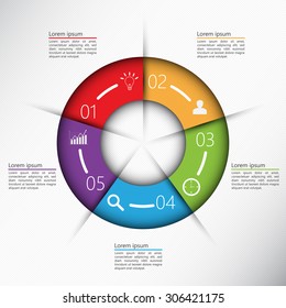 Colorful Circle with 5 Options on White Paper Texture Background. Financial and Business Infographic, Business Icon and Text Information Design. Vector Illustration.