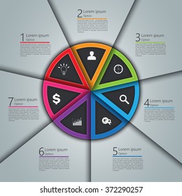 Colorful Circle with 7 Options on Gray Background. Financial and Business Infographic, Business Icon and Text Information Design. Vector Illustration.
