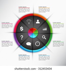 Colorful Circle with 8 Options on White Paper Texture Background. Financial and Business Infographic, Business Icon and Text Information Design. Vector Illustration.