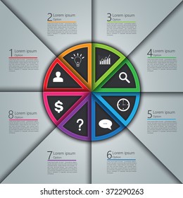 Colorful Circle with 8 Options on Gray Background. Financial and Business Infographic, Business Icon and Text Information Design. Vector Illustration.