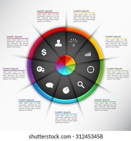 Colorful Circle with 9 Options on White Paper Texture Background. Financial and Business Infographic, Business Icon and Text Information Design. Vector Illustration.
